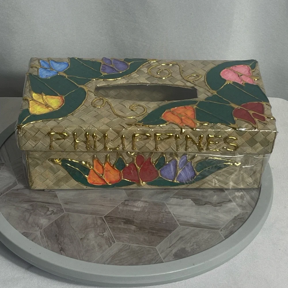 Philippines Woven Tissue Box Cover Hand-Painted Flowers Gold Accents 9.5”